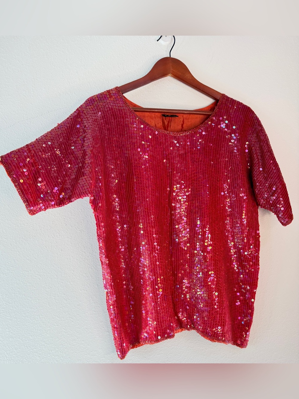 Vintage Red Iridescent Sequin Top Embellished Silk Beaded Trim Party Evening Med
